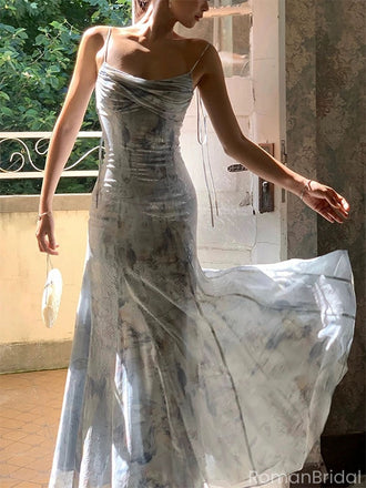 Elegant Blue Spaghetti Strap Mermaid Applique Long Prom Dress Ideas, Evening Party Dresses, OLP1346