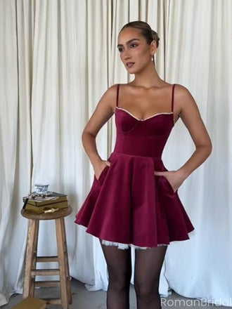 Elegant Red Spaghetti Strap A-Line Short Homecoming Dresses For Birthday Party,HD1166