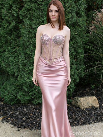 Fancy Pink Satin Prom Dress Classy Strapless Corset Bodice Mermaid Formal Party Gown,OLP1733