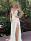 Fancy Ivory Lace Prom Gown Deep V-Neck Sleeveless Applique Chiffon Formal Dress,OLP1848
