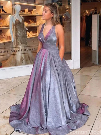 Gorgeous Gray V-Neck A-Line Long Prom Dress Ideas, Evening Party Dresses, OLP1284