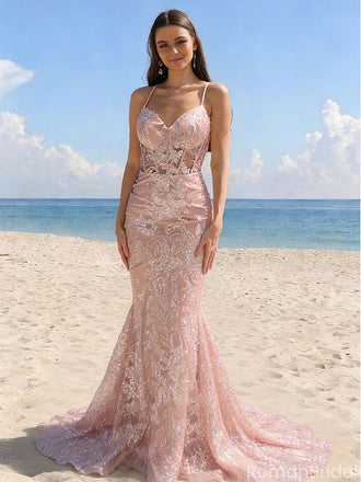 Elegant Pink Mermaid Prom Gown Lace Applique Sheer Corset Bodice Sparkling Beach Party,OLP1737
