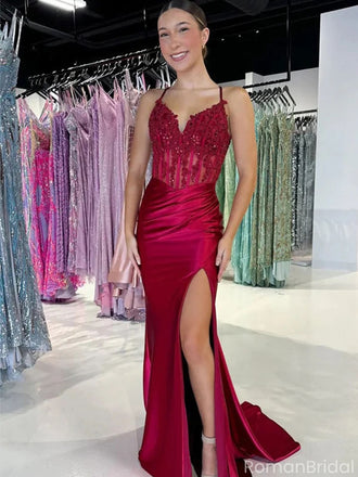 Sexy Red Spaghetti Strap Mermaid Long Prom Dress Ideas, Evening Party Dresses, OLP1572