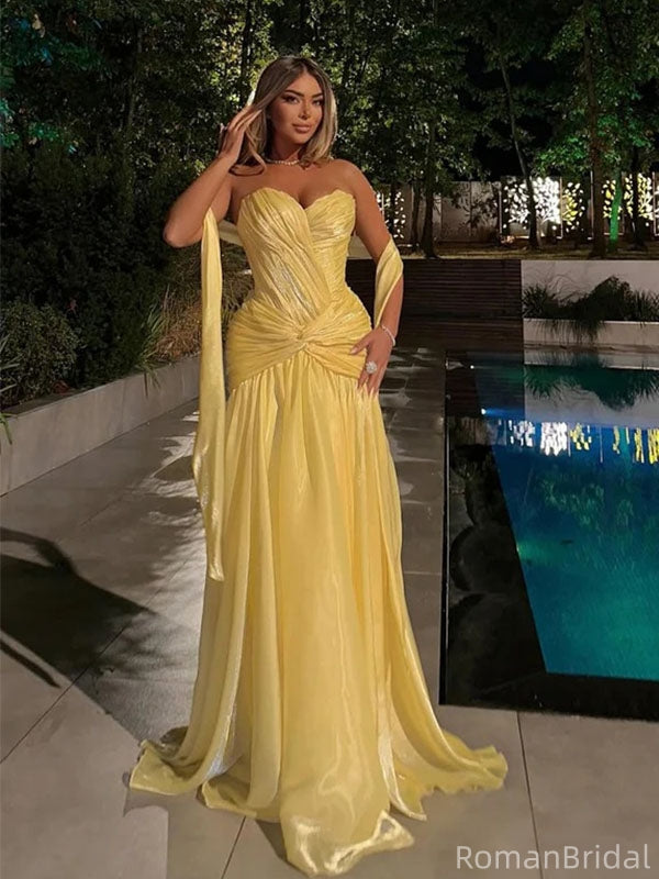 Unique Strapless Ruched Yellow Chiffon A-Line Prom Dresses, Evening Party Dresses,OLP1711