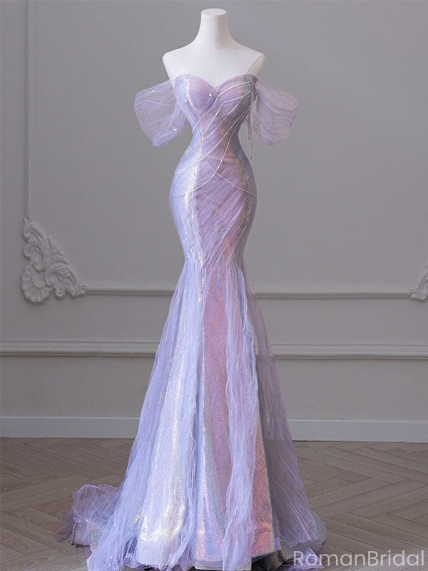 Sparkly Purple Off-Shoulder Mermaid Long Prom Dress Ideas, Evening Party Dresses, OLP1537