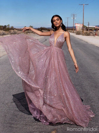 Sparkle Dusty Pink Deep V-Neck Backless Long A-line Evening Prom Dresses,OLP1726