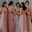 Elegant Pink V-Neck Sleeveless Floral A-Line Long Bridesmaid Dresses Online, BG903