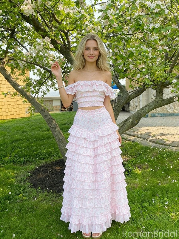 Pretty Floral Off Shoulder Two-Piece Prom Dress Ruffled Tiered Maxi Skirt Set,OLP1824