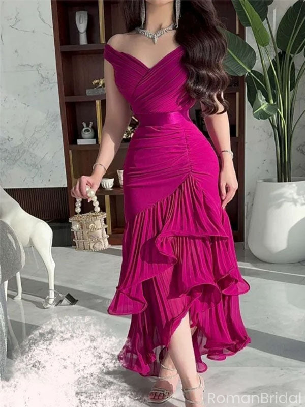 Elegant Pink Off-Shoulder Mermaid Long Prom Dress Ideas, Evening Party Dresses, OLP1409