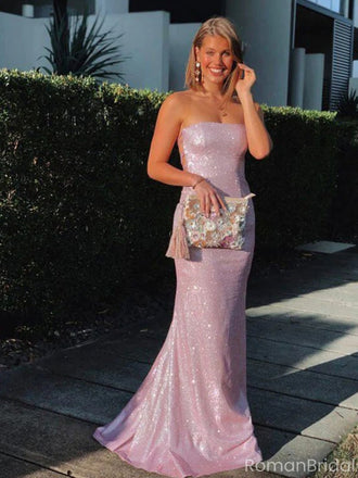 Sparkly Pink Sequin Bodycon Prom Dress Strapless Floor Length Party Gown,OLP1795