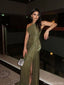 Elegant Green One-Shoulder Mermaid Side Slit Long Prom Dress Ideas, Evening Party Dresses, OLP1249