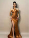 Elegant Gold One-Shoulder Mermaid Side Slit Long Prom Dress Ideas, Evening Party Dresses, OLP1584