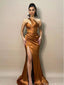 Elegant Gold One-Shoulder Mermaid Side Slit Long Prom Dress Ideas, Evening Party Dresses, OLP1584