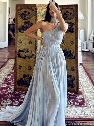 Elegant Blue One-Shoulder A-Line Long Prom Dress Ideas, Evening Party Dresses, OLP1292
