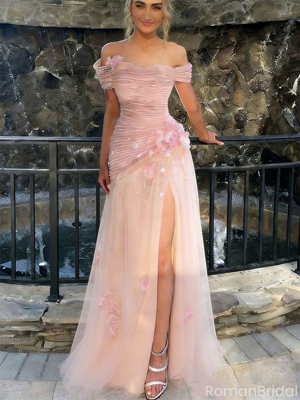 Unique Off-Shoulder Ruched Tulle Prom Dress with Floral Appliques,OLP1808