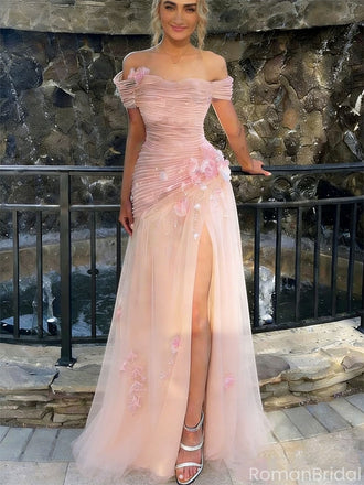 Unique Off-Shoulder Ruched Tulle Prom Dress with Floral Appliques,OLP1808