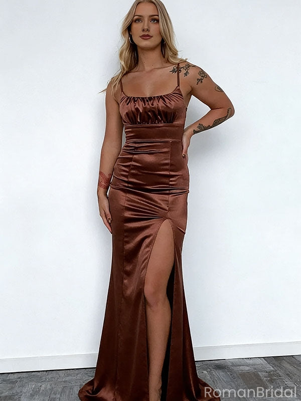 Elegant Brown Satin Prom Dress Sexy Ruched Bust Sleeveless High Slit Long Gown,OLP1717
