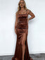 Elegant Brown Satin Prom Dress Sexy Ruched Bust Sleeveless High Slit Long Gown,OLP1717