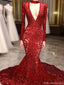Sexy Red V-Neck Long Sleeve Mermaid Long Prom Dress Ideas, Evening Party Dresses, OLP1499