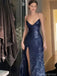 Shiny Blue Spaghetti Strap Mermaid Side Slit Long Prom Dress Ideas, Evening Party Dresses , OLP1219