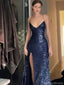 Shiny Blue Spaghetti Strap Mermaid Side Slit Long Prom Dress Ideas, Evening Party Dresses , OLP1219