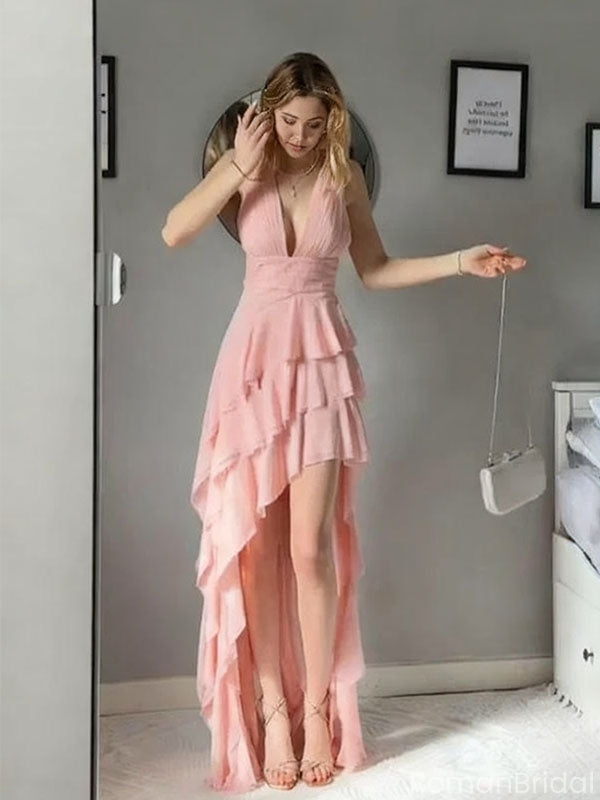Sexy Pink V-Neck High Low Long Prom Dress Ideas, Evening Party Dresses, OLP1459