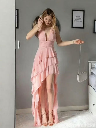 Sexy Pink V-Neck High Low Long Prom Dress Ideas, Evening Party Dresses, OLP1459