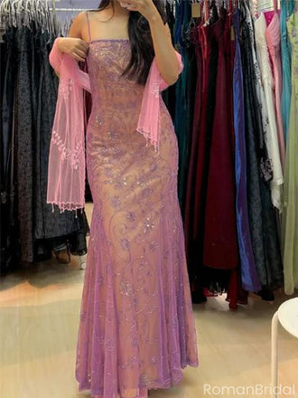 Unique Pink Spaghetti Strap Mermaid Floral Long Prom Dress Ideas, Evening Party Dresses, OLP1359