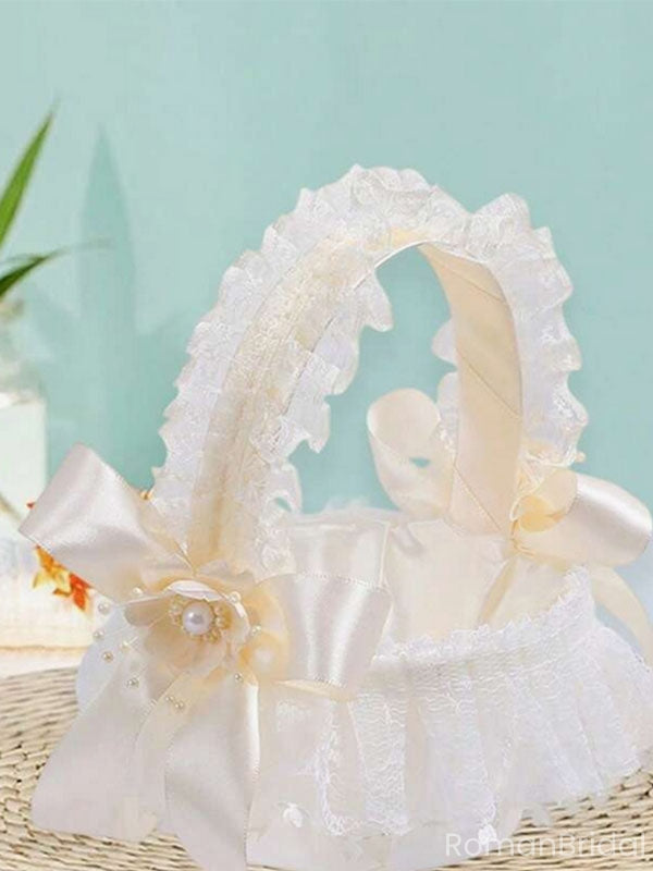 Elegant White Floral Flower Girl Basket – Wedding Petal Holder for Girls