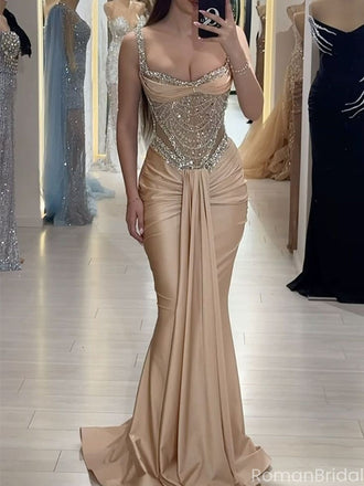 Sexy Champagne Spaghetti Strap Mermaid Long Prom Dress Ideas, Evening Party Dresses, OLP1528