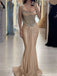 Sexy Champagne Spaghetti Strap Mermaid Long Prom Dress Ideas, Evening Party Dresses, OLP1528