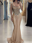 Sexy Champagne Spaghetti Strap Mermaid Long Prom Dress Ideas, Evening Party Dresses, OLP1528