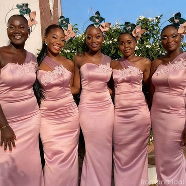 Elegant Pink Floral One-Shoulder Sleeveless Mermaid Long Bridesmaid Dresses Online, BG886