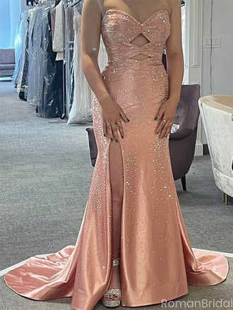 Sparkly Pink Sweetheart Mermaid Side Slit Long Prom Dress Ideas, Evening Party Dresses, OLP1516