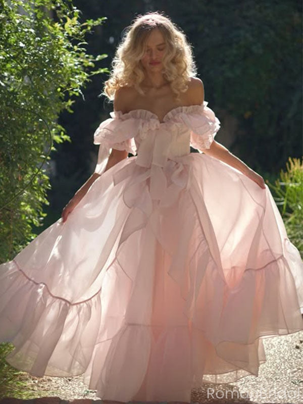 Elegant Pink Off-Shoulder A-Line Long Prom Dress Ideas, Evening Party Dresses, OLP1665
