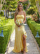 Classy Yellow Satin Strapless Prom Gown Modern Cowl Neck High Slit Corset Party Dress,OLP1749