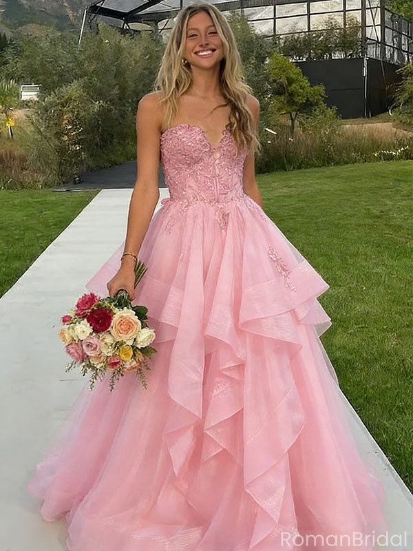 Unique Pink Tiered Tulle Ball Gown Strapless Applique Formal Prom Dress,OLP1802
