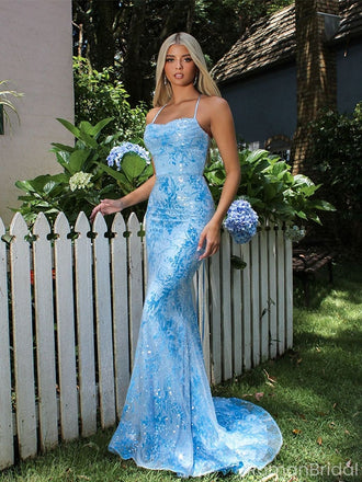 Unique Light Blue Floral Prom Dress Sequin Lace Sleeveless Bodycon Party Gown,OLP1766