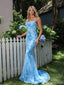 Unique Light Blue Floral Prom Dress Sequin Lace Sleeveless Bodycon Party Gown,OLP1766