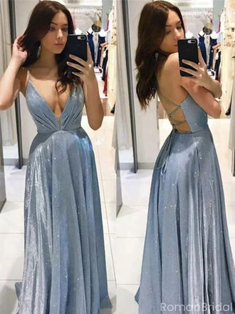Shiny Blue Spaghetti Strap A-Line Long Prom Dress Ideas, Evening Party Dresses, OLP1276