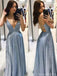 Shiny Blue Spaghetti Strap A-Line Long Prom Dress Ideas, Evening Party Dresses, OLP1276