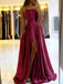 Formal Spaghetti Strap Sleeveless A-line Satin Long Prom Dresses With Slit Online, OL485