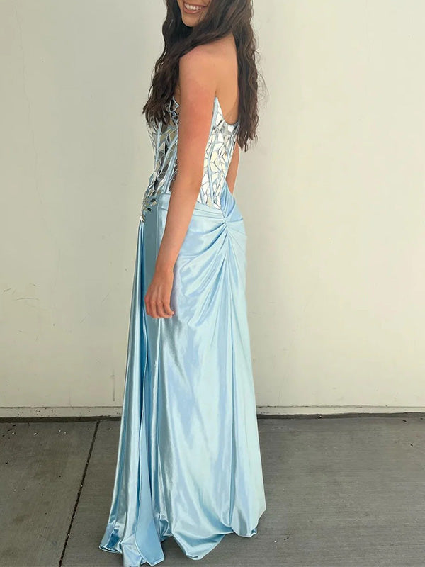 Sexy Off-shoulder Sleeveless Mermaid Satin Long Prom Dresses For Party Online, OL372