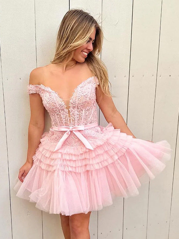 Elegant Off-shoulder Sleeveless Short Tulle A-line Pink Homecoming Dresses For Party Online, HD0829