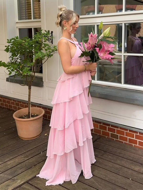 Cute Halter Sleeveless A-line Satin Ruffles Evening Prom Dresses Online, OLP831