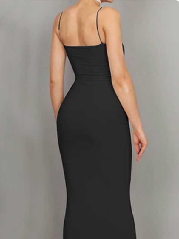 Sexy Spaghetti Strap Sleeveless Mermaid Black Satin Long Prom Dresses Online, OL493