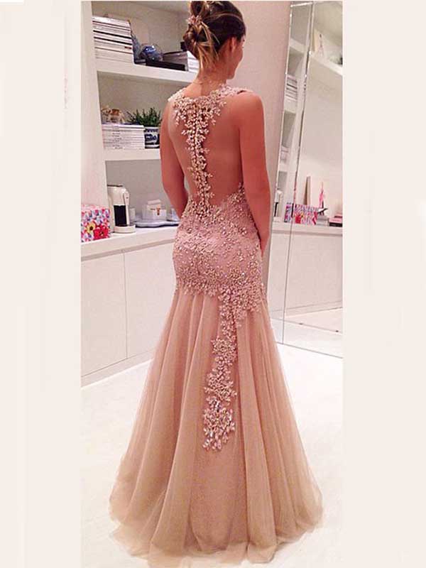 Elegant Spaghetti Strap Sleeveless A-line Lace Long Prom Dresses Online, OL473