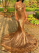 Unique Spaghetti Strap Sleeveless Mermaid Sequin Gold Long Evening Prom Dresses Online, OLP662