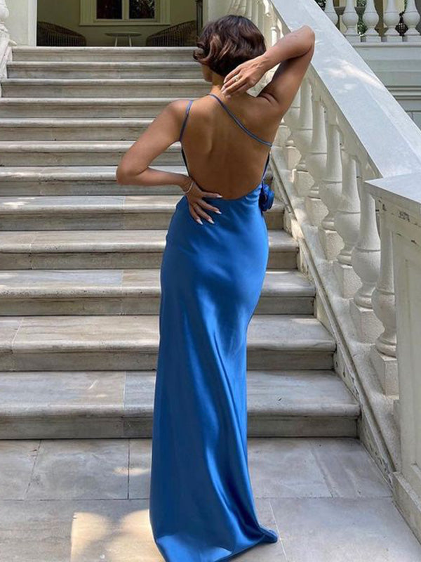 Sexy One-shoulder Sleeveless Mermaid Satin Evening Prom Dresses Online, OLP858