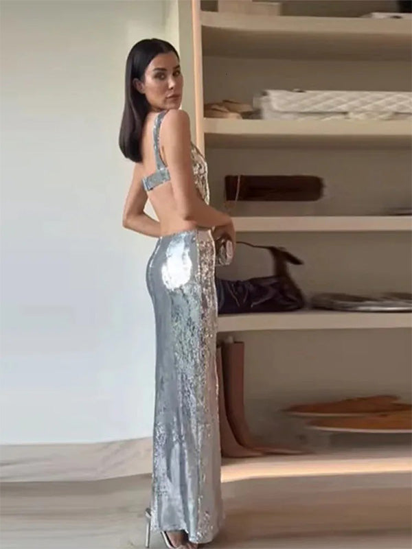 Shiny Square Sleeveless Mermaid Sliver SequinLong Prom Dresses Online, OLP609